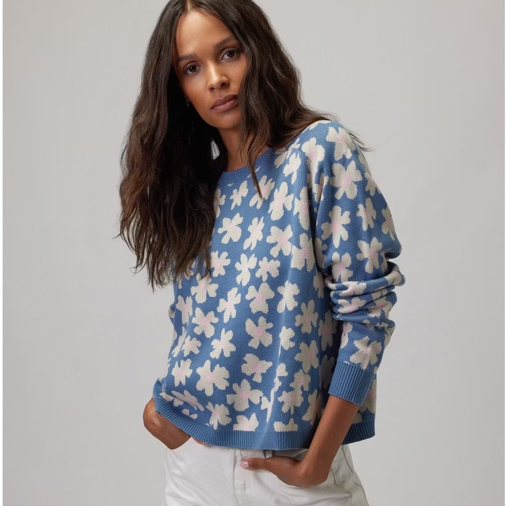Spiritual Gangster Floral Knit Crewneck Sweater XS Blue Coquette